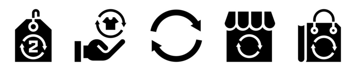 Second-hand products icons set. Tag, item, reuse, store, bag of used products. Solid icons. Vector illustration