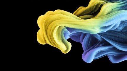 Colorful abstract swirl of yellow, blue, and purple smoke on a black background, perfect for modern design or artistic projects.
