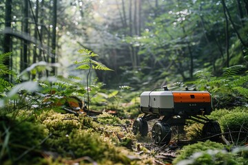 A robot is in a forest with green moss and leaves