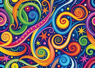 Vibrant, swirling squiggle patterns in bright colors and bold lines create a dynamic, abstract vector design for modern