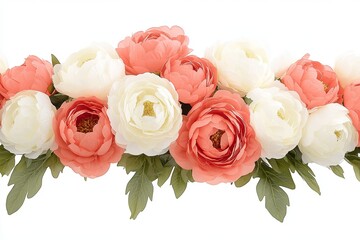 Naklejka premium A horizontal row of pink and white ranunculus flowers with green leaves on a white background.