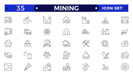 Mining icon set. Containing minerals, gold, pickaxe, miner, excavator, diamond, coal wagon, jackhammer and gold panning icons. Outline icon collection.