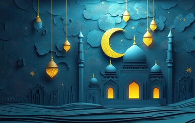 Obraz premium Generative AI of Intricately Crafted Mosque with Crescent Moon for Islamic Cultural Celebrations, Spiritual Ramadan Imagery, and Eid Festival Backdrops