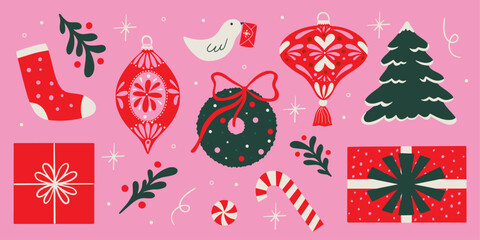 Christmas vector flat cartoon illustration set with winter holiday decorations design elements, festive ornament, xmas bauble, mistletoe, socks, candy cane, gift box, toys, retro sticker collection
