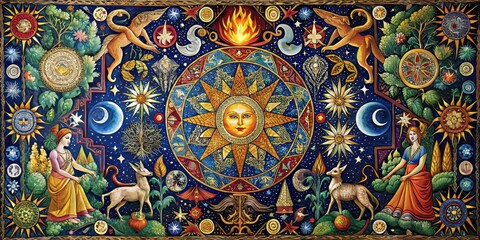 Fototapeta premium Vibrant tapestry features an eclectic mix of ancient pagan symbols, mystical creatures, and celestial bodies, woven