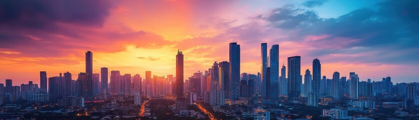 Fototapeta premium Stunning Urban Skyline at Sunset with Vibrant Colors and Modern Skyscrapers