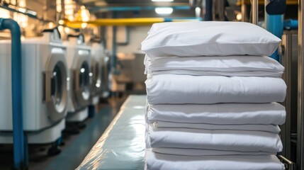 Clean Bed Sheets Piled Near a Large Industrial Washing Machine in a Factory Environment
