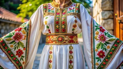 Naklejka premium Vibrant traditional Greek folk dress featuring intricate embroidery and ornate patterns on a flowing white garment with