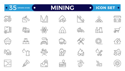 Mining icon set. Containing minerals, gold, pickaxe, miner, excavator, diamond, coal wagon, jackhammer and gold panning icons. Editable stroke outline icon. 