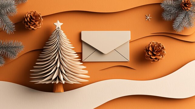 Christmas Tree with Envelope and Pine Cones.