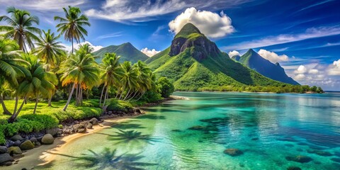 Vibrant tropical island scenery with swaying palm trees, crystal-clear turquoise waters, and majestic volcanic