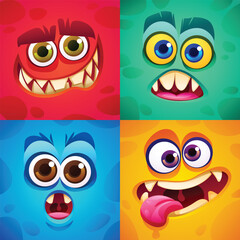 Monster faces with varied funny expressions. Vector cartoon illustration