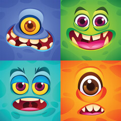 Collection of four funny and quirky cartoon monster faces with unique features. Vector cartoon illustration