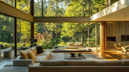 Contemporary living room with open floor plan, large windows facing a peaceful garden, forest