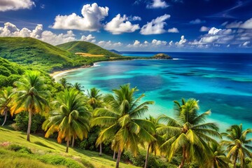 Vibrant turquoise ocean waters lap against the sandy shores of St. Croix, USVI, surrounded by lush green hills
