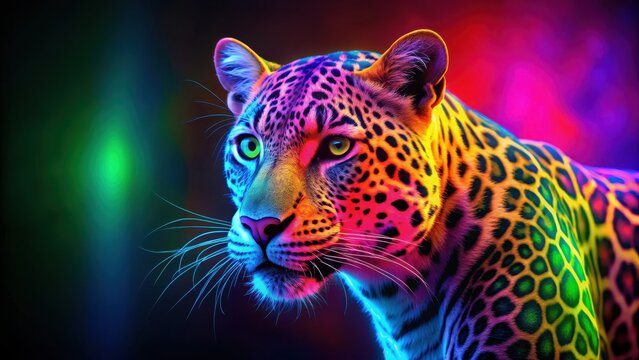 Vibrant neon colored leopard with abstract patterns, neon, colored, leopard, vibrant, abstract, patterns, wild, animal, bright