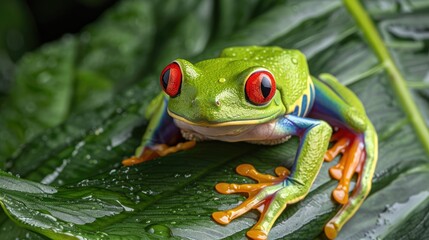 A vibrant green and blue red-eyed tree frog perched on a large green leaf, its bright red eyes staring directly at the viewer.