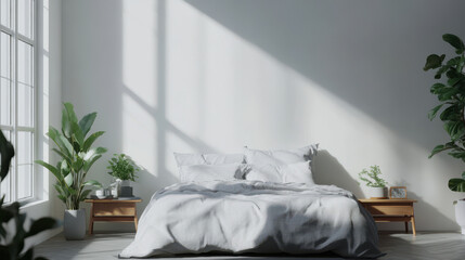 Cozy minimalist bedroom with a grey bed frame, light grey bed backdrop, white walls,