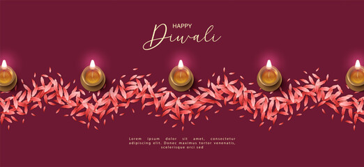 Diwali Festival Banner. Traditional Indian diya lamp and pattern made of petals