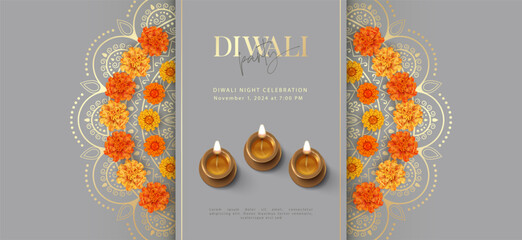 Diwali Festival banner. Traditional Indian diya lamp and Rangoli made of marigold flowers