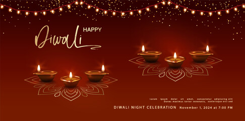 Traditional Diwali Festival banner. Deya lamps, garland of light bulbs and decorations on a dark background