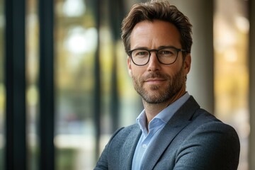 Fototapeta premium Confident businessman with glasses standing in modern office environment, showcasing professionalism and focus.