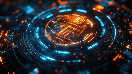 Obraz premium Futuristic technology background featuring glowing circuitry and digital elements in blue and orange tones.