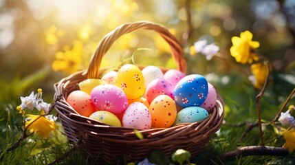 Colorful easter eggs in wicker basket surrounded by fresh green grass: festive springtime scene with vibrantly decorated eggs, perfect for traditional egg hunt and spring holiday celebrations, capture