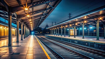 Train arriving at a dimly lit station at night , transportation, train, arrival, night, platform, station, locomotive