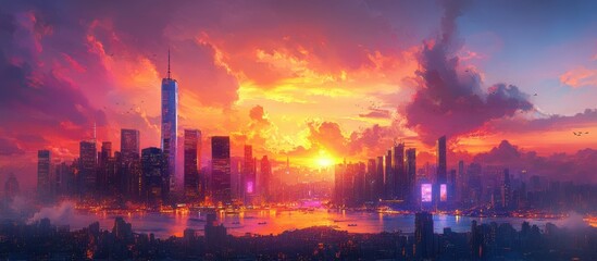 Stunning Sunset Over Modern City Skyline with Vibrant Colors and Skyscrapers Reflecting in the Water