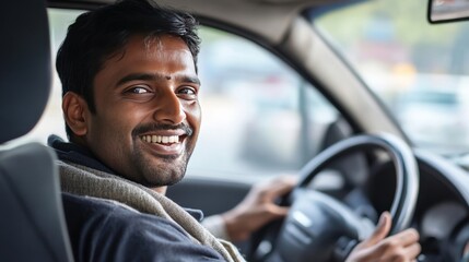 Obraz premium Indian man drives, records voice with smartphone.
