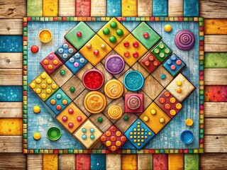 Vibrant, whimsical illustration of a vintage-style game board featuring colorful tokens, dice, and abstract shapes, set