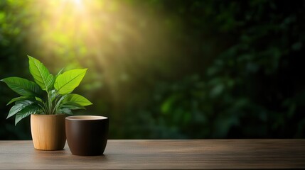 A tranquil scene featuring potted plants on a wooden table, bathed in soft sunlight against a lush green background.
