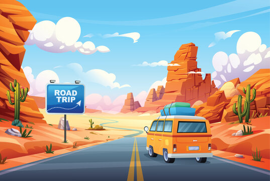Road trip vacation by car through scenic desert road, surrounded by rock formations and cacti. Vector cartoon illustration
