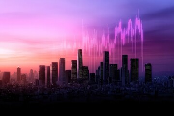 Fototapeta premium A vibrant city skyline at sunset with colorful wave patterns, representing energy and innovation in urban landscapes.