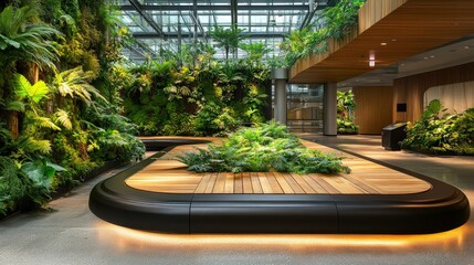 Sustainable baggage claim belt crafted from reclaimed wood and eco-friendly rubber, surrounded by vertical gardens and natural light in a modern green airport