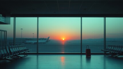 The first light of day enters a peaceful airport terminal, a single bag emerges on the conveyor belt, reflecting the calmness of early morning travel