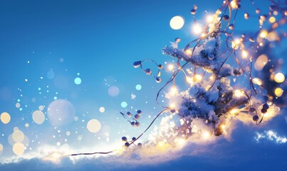 Enchanting Christmas Abstract: Anime-Style Snowy Landscape with Festive Lights. Dreamy Blue and Gold Holiday Scene for Seasonal Marketing, Game Art, and Storybook Illustrations. Versatile 4K Wallpaper