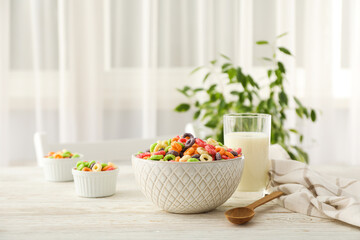 Colorful cornflakes, concept of tasty breakfast, morning food, space for text