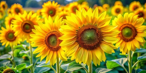Fototapeta premium Vibrant yellow sunflowers bursting with bright petals and lush green leaves, radiating warmth and joy, filling the air