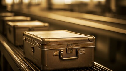 Vintage-inspired baggage claim scene, retro suitcases on a conveyor belt, sepia tones, worn textures, airport terminal in the background, steampunk aesthetic