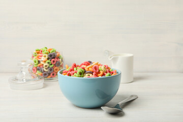 Colorful cornflakes, concept of tasty breakfast, morning food, space for text