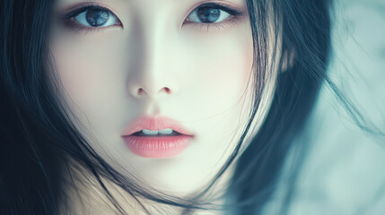 Naklejka premium Elegant Asian woman with long black hair, big captivating eyes, and soft pink lips, her face