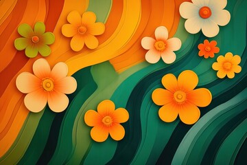 Colorful Paper Flowers on Abstract Green and Orange Background