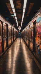 Fototapeta premium Subway station background with graffiti and neon lights