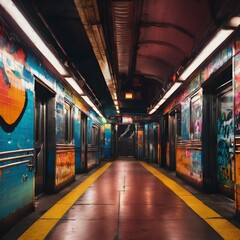 Obraz premium Subway station background with graffiti and neon lights