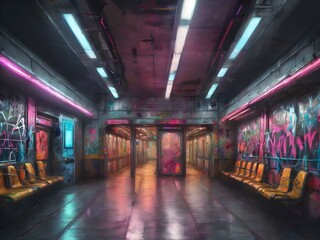 Subway station background with graffiti and neon lights