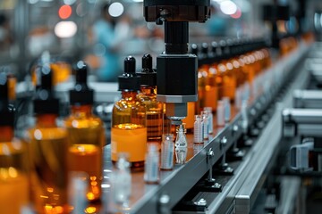 A conveyor belt with bottles of alcohol on it