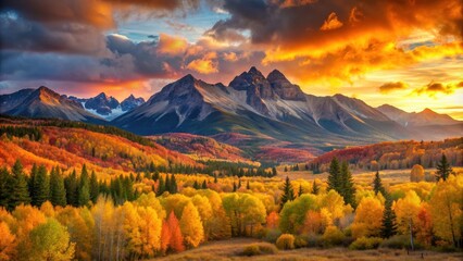 Obraz premium Panoramic autumn mountain landscape with glowing background, autumn, mountains, landscape, panorama, scenic, nature, trees, foliage