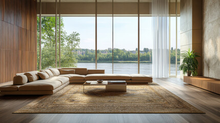 Elegant living room with a view of the river, featuring a large rug, beige tones, and wooden